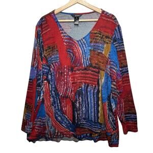 Ali Miles V-Neck Long Sleeve Stretch Knit Tunic Top Sz XL Art To Wear Red Artsy